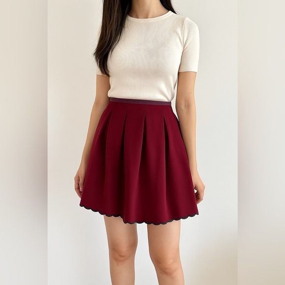 Anthropologie Manoush Jupe Neo Girl Skirt Pleated Scalloped Burgundy 10 Preppy - Picture 1 of 12